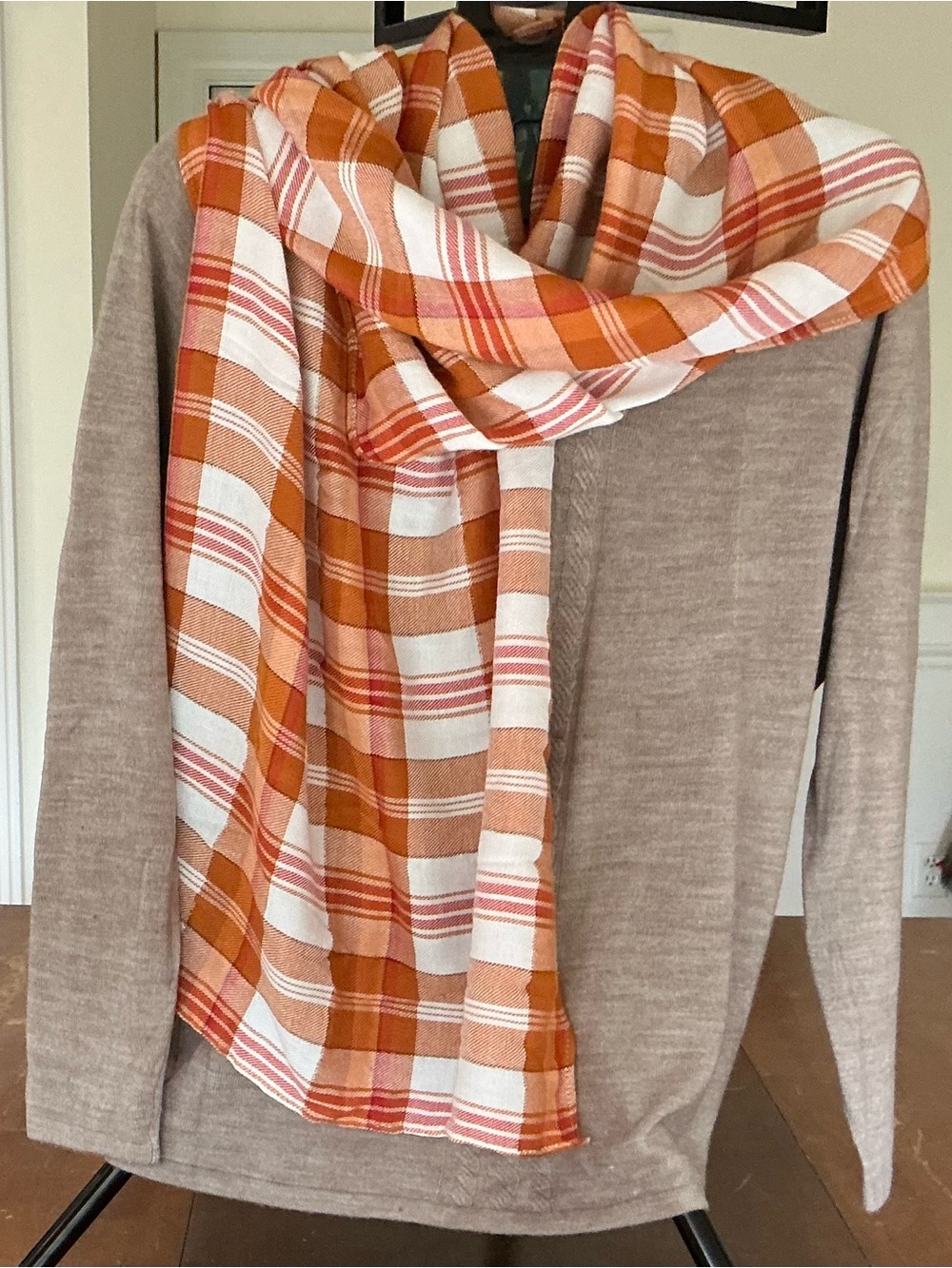 Cato Orange and White Plaid Lightweight Scarf